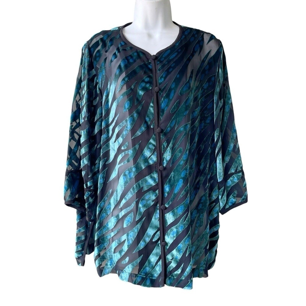 BOB MACKIE Burnout Velvet Silk Top Kimono 3/4 Sleeve Tiger Print Women’s Size M